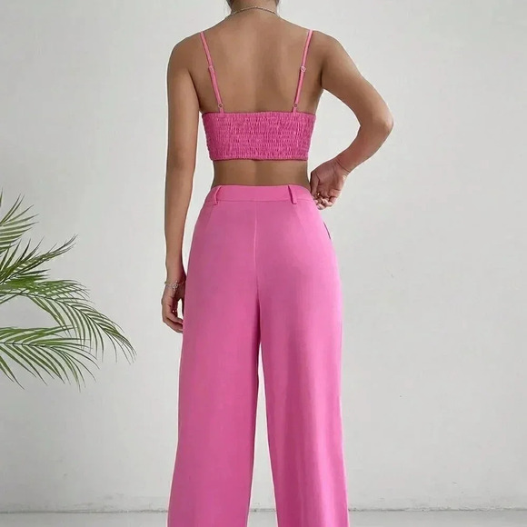 Pink Casual womens Solid Crop Cami Top & Wide Leg Pants - Picture 3 of 5